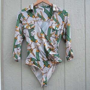 DNA Couture Sexy Bodysuit women's S Gold Chains,Green/Red Low V-Neck,Roll Tap